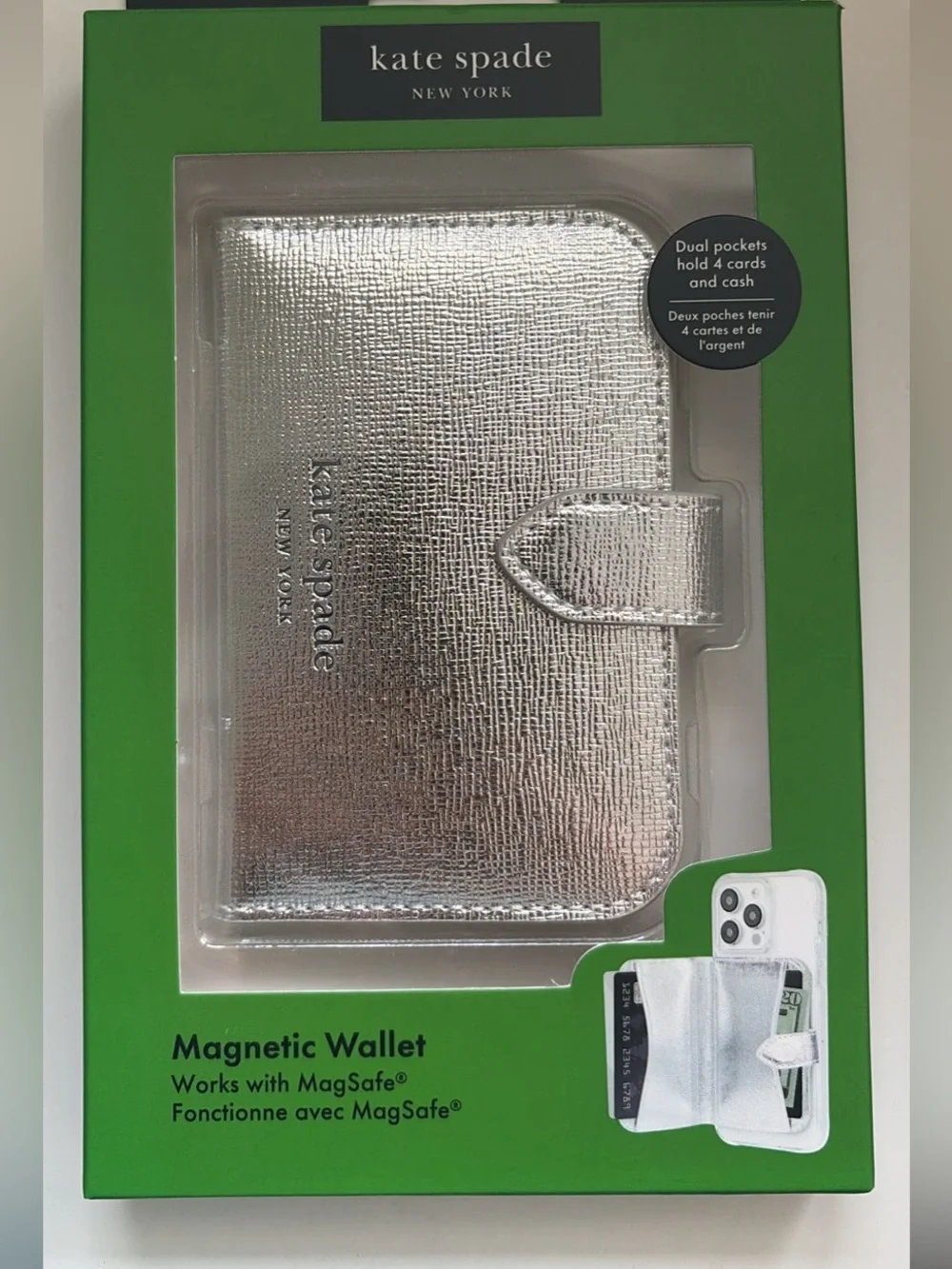 NEW - kate spade metallic silver magnetic wallet phone case